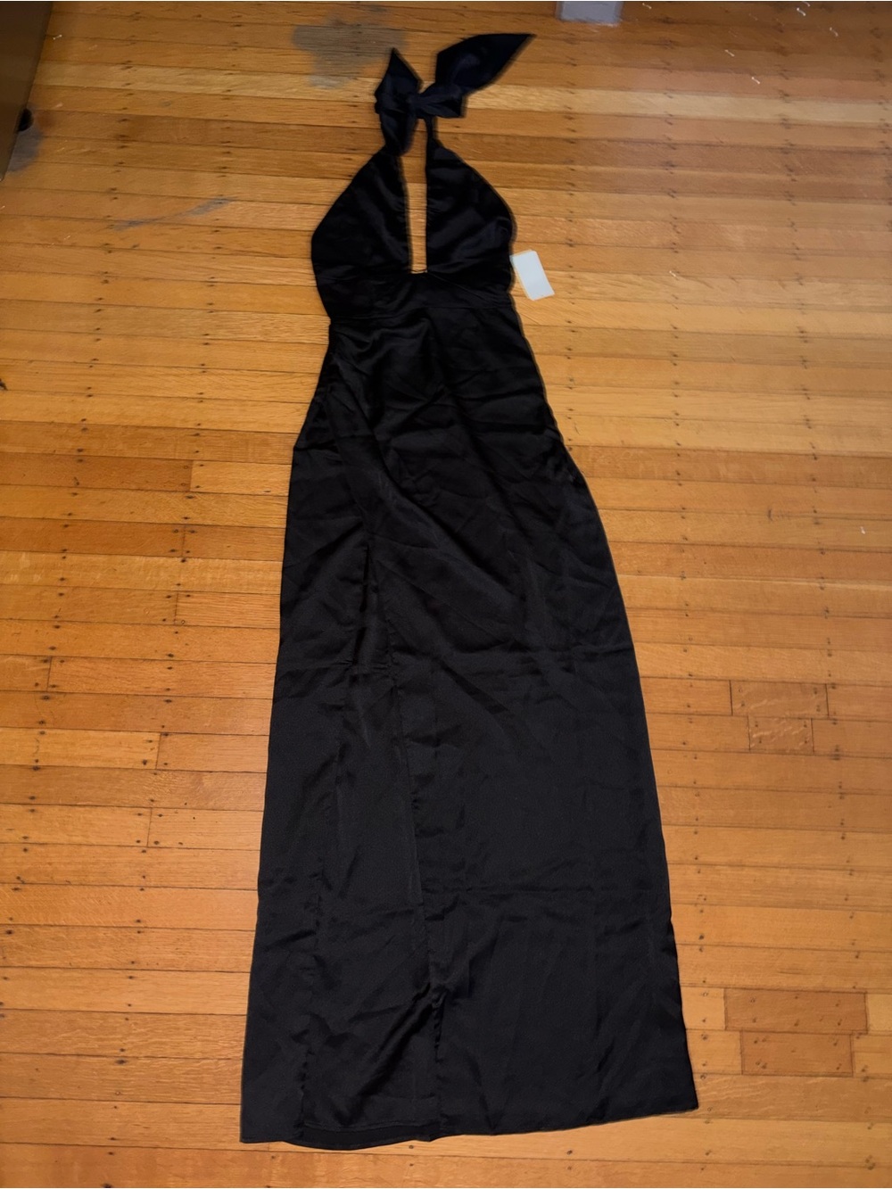 Show me your mumu black silky satin Maxi halter Cocktail dress new nwt xs deep v